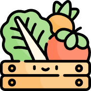 a cartoon illustration of vegetables in a wooden box.