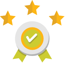 a circle with a check mark inside of it and three stars around it