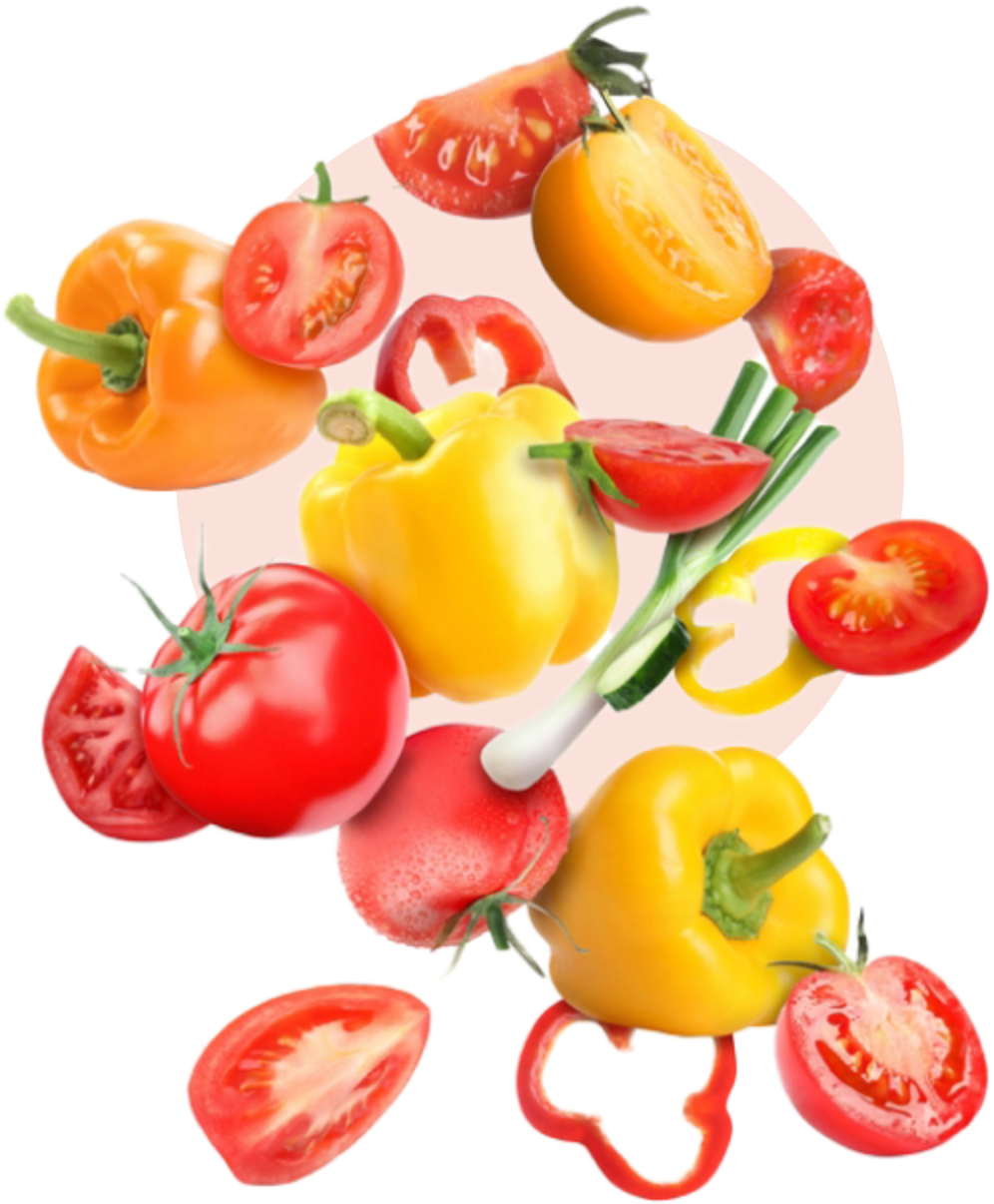 tomatoes peppers and onions are arranged in a circle on a black background